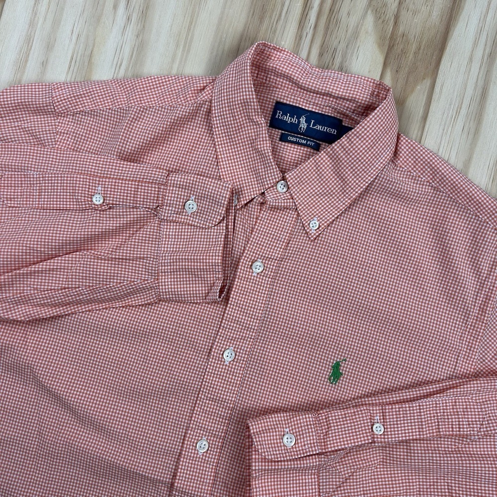Ralph Lauren Mens L Custom Fit Peach Orange White Gingham Plaid Button Up Shirt